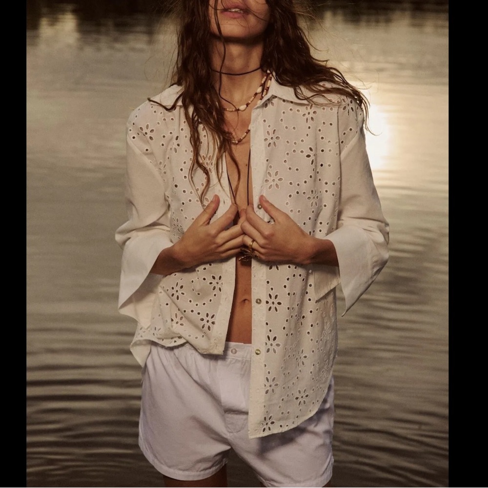 NEW ZARA Openwork Embroidered White Shirt Top size L